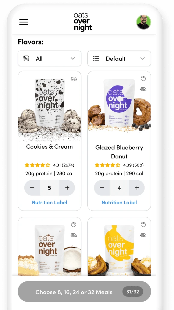 Oats Overnight app showing flavor selection and subscription bundle management