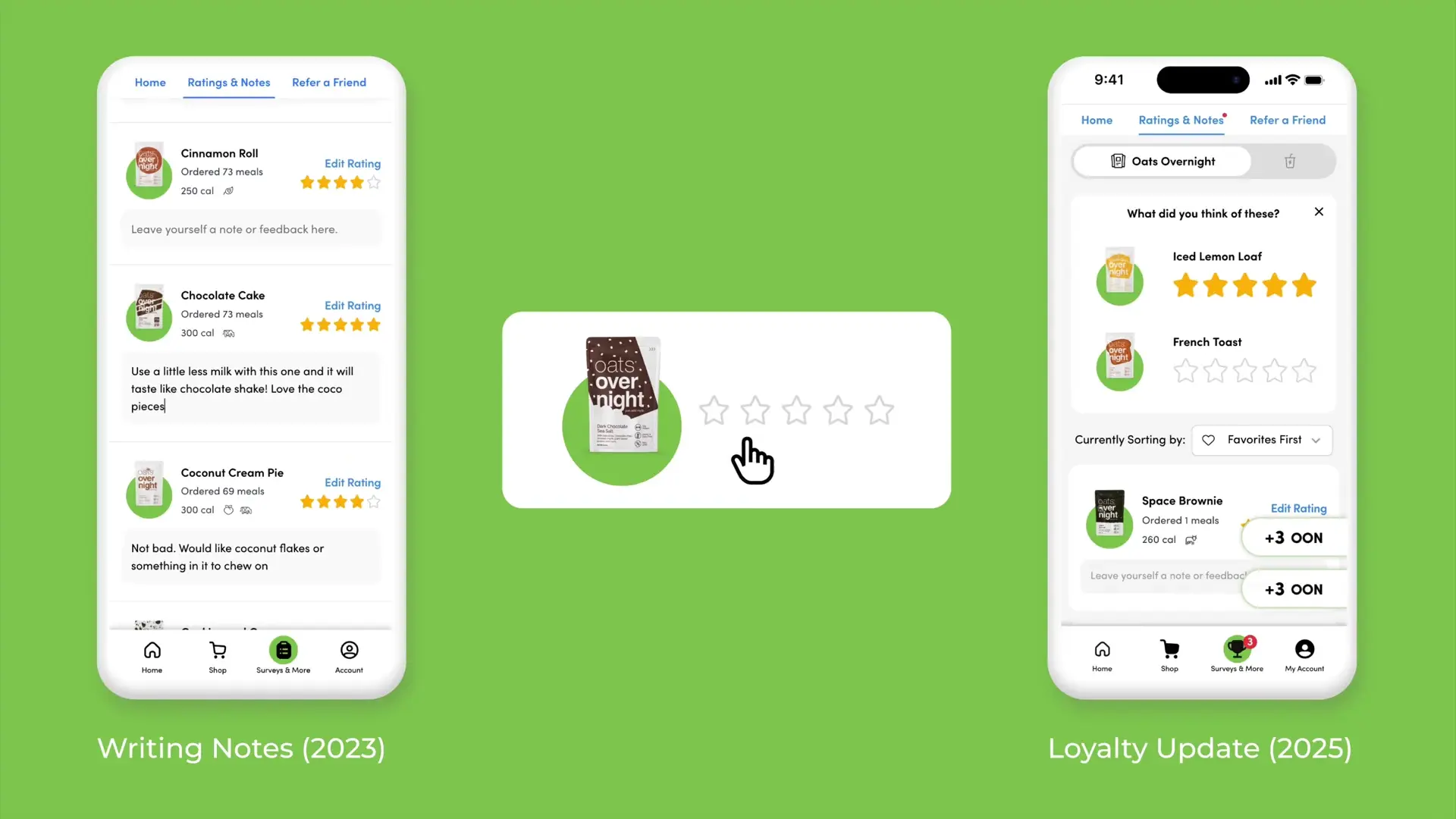 Oats Overnight ratings, personal notes, and loyalty rewards