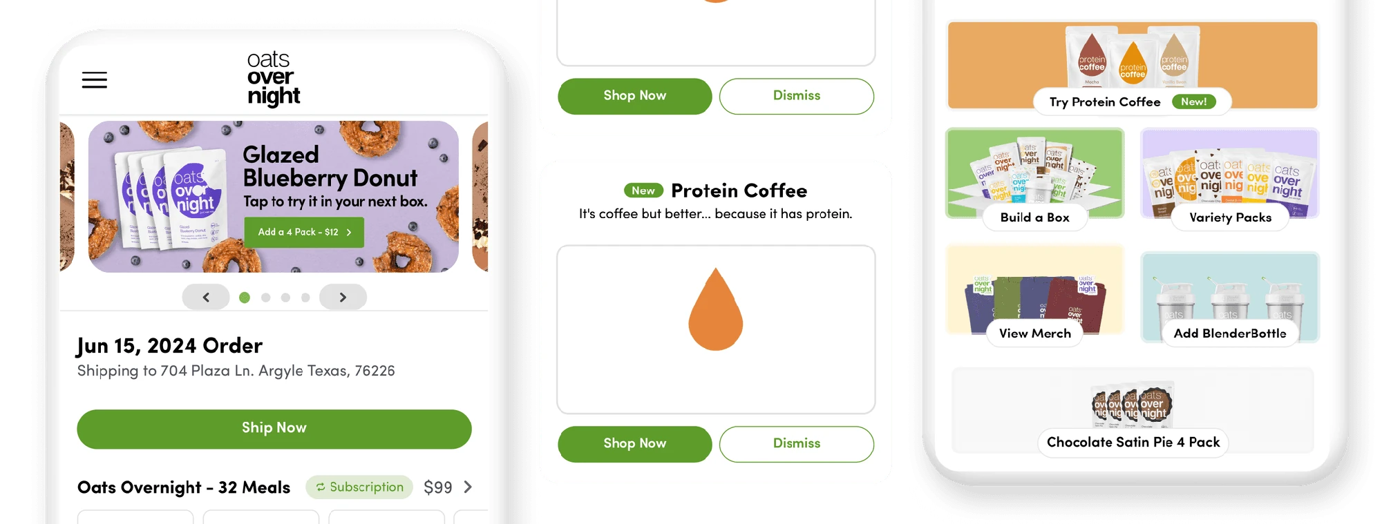 Oats Overnight product discovery cards for new flavors, Protein Coffee, and shopping