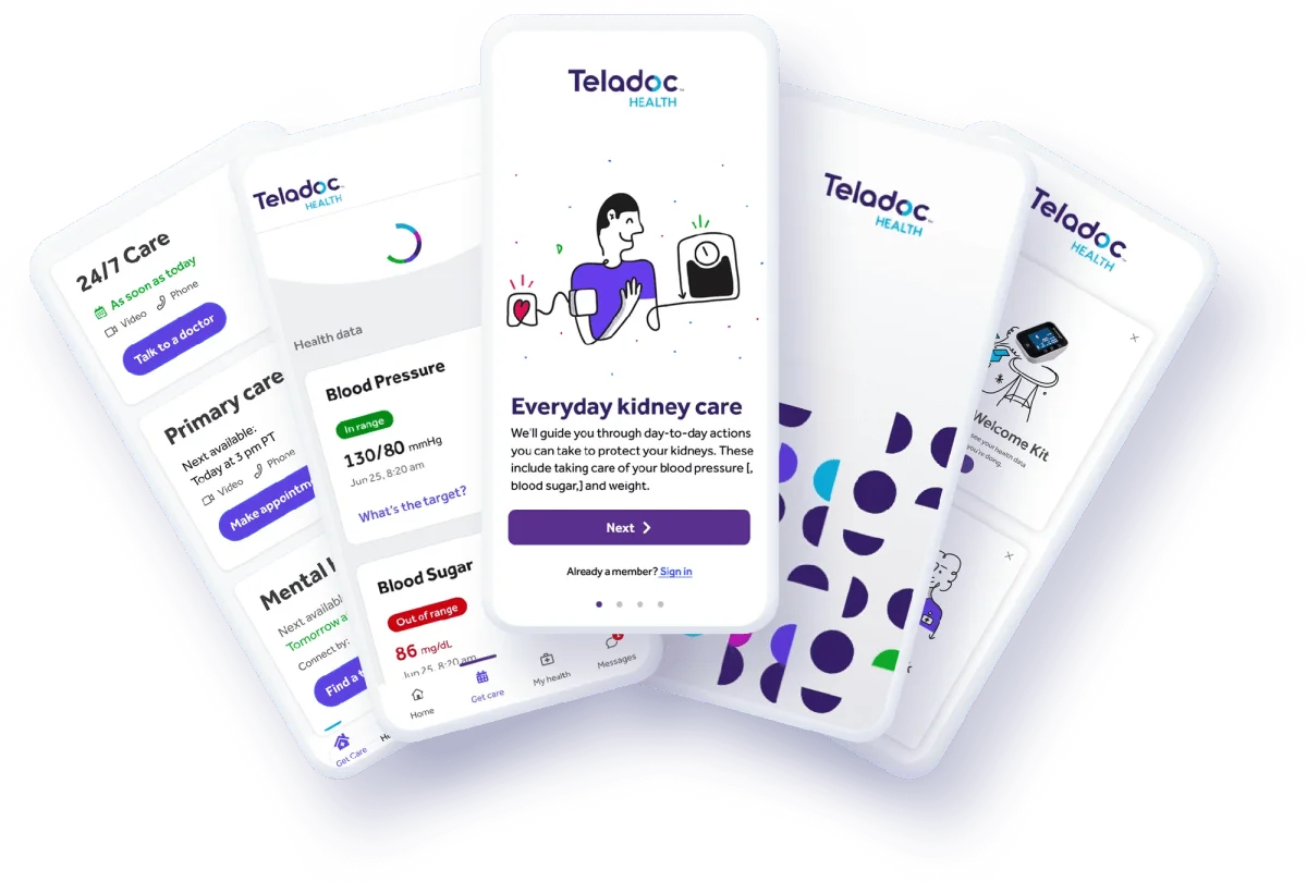 Teladoc Health care, appointment, and health information screens