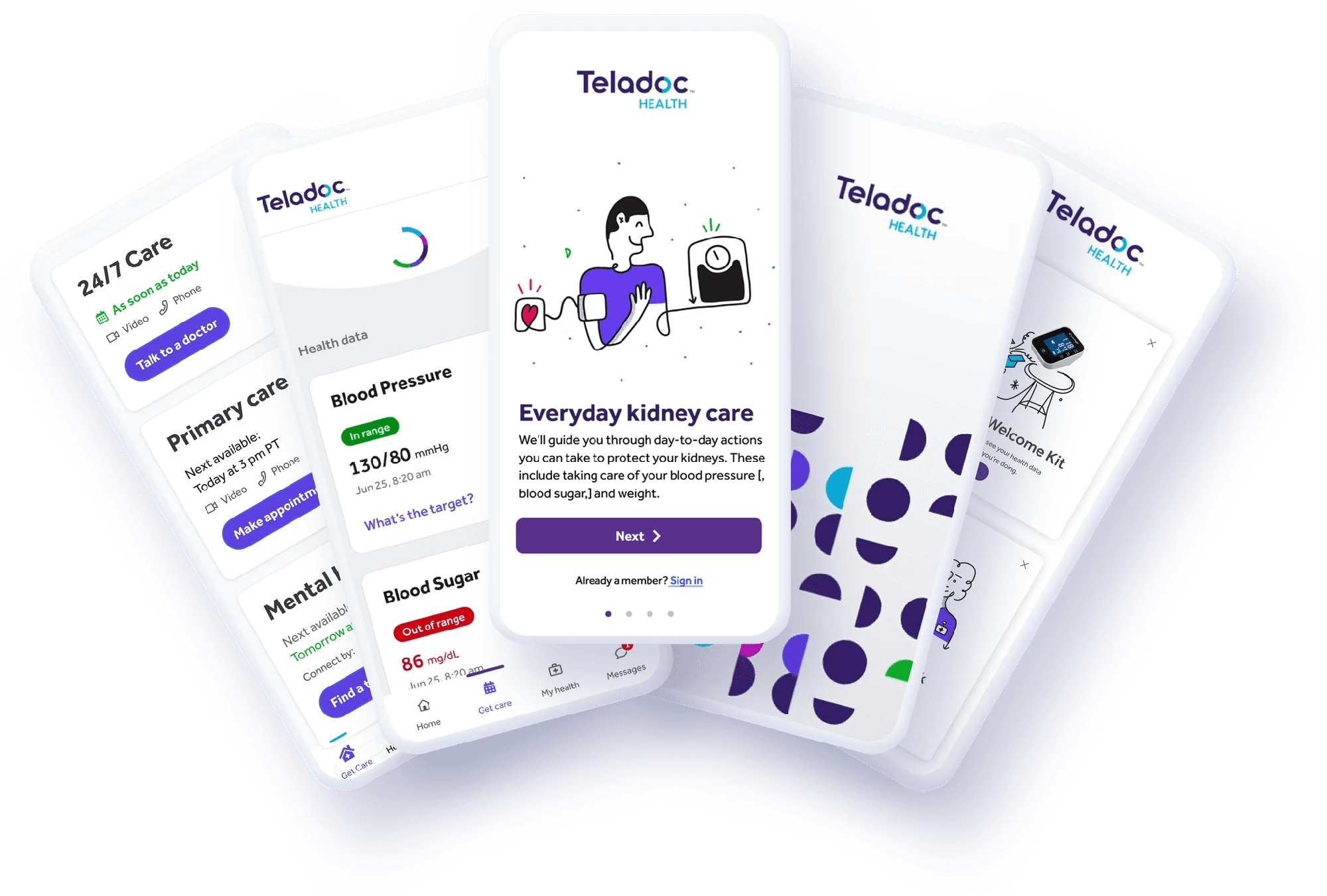 Five Teladoc Health mobile screens presenting care navigation, appointments, and health information