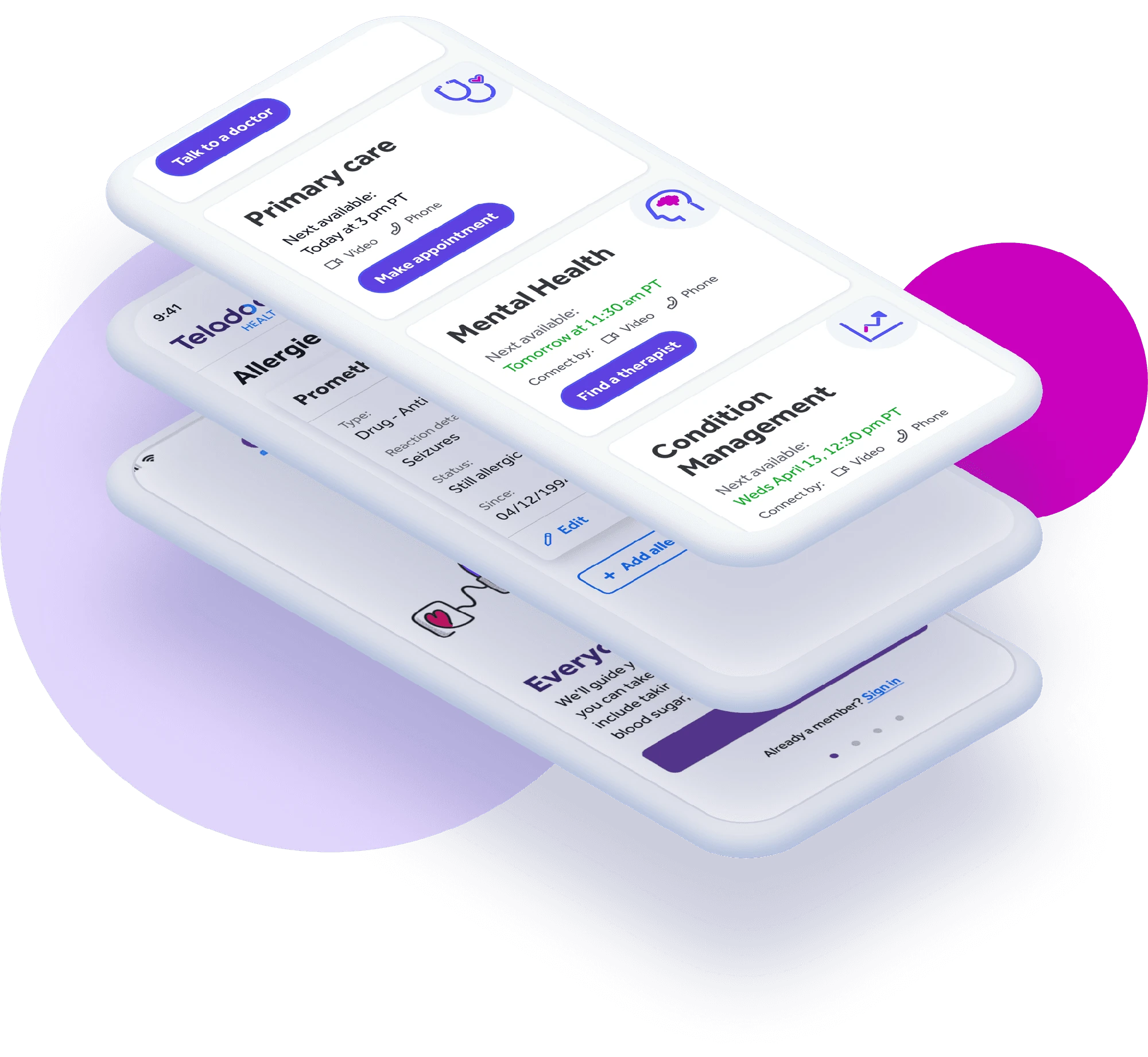 Layered Teladoc screens showing care navigation and appointment details