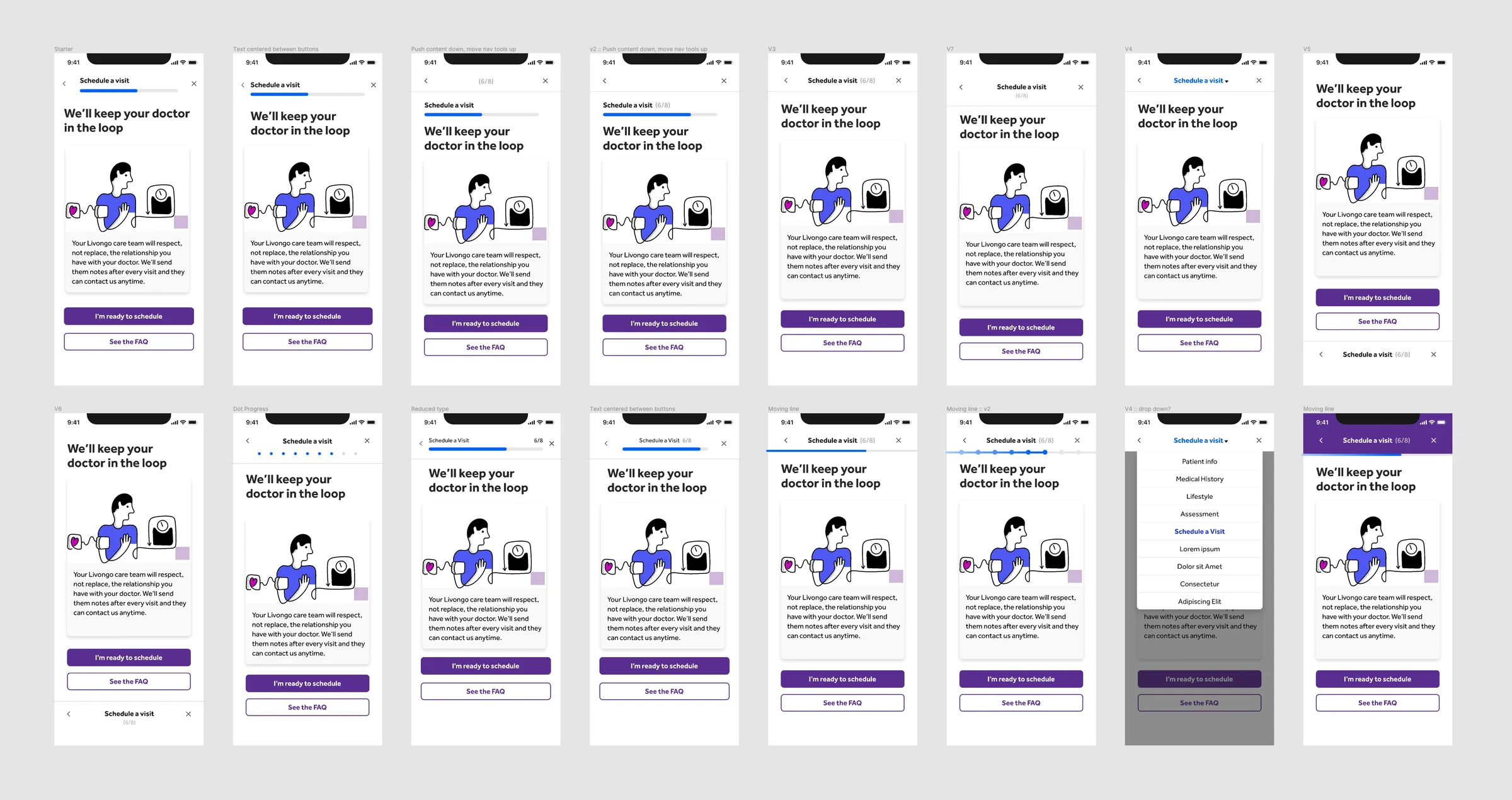 Request-a-visit screens comparing progress indicator designs